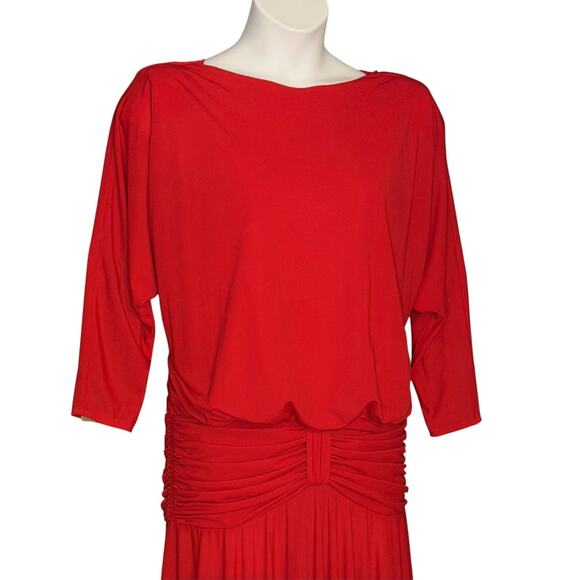 Vintage 80s Pat Richards Red Fringe Hem Cowl Back Ruched Waist Dress Size 10 USA - Picture 3 of 12